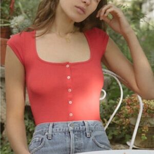Free People rib crop button front top with scoopneck & cap sleeves in cherry red